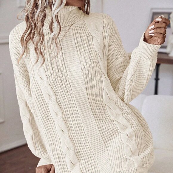 Beige Casual Womens Turtleneck Cable Knit Drop Shoulder Sweater Dress - Picture 5 of 5